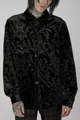 Blouse gothique pour homme à col montant noir avec imprimé floral et coutures
